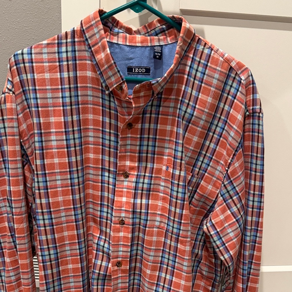 Izod Men's Plaid Button-Down Shirt - Orange and Blue